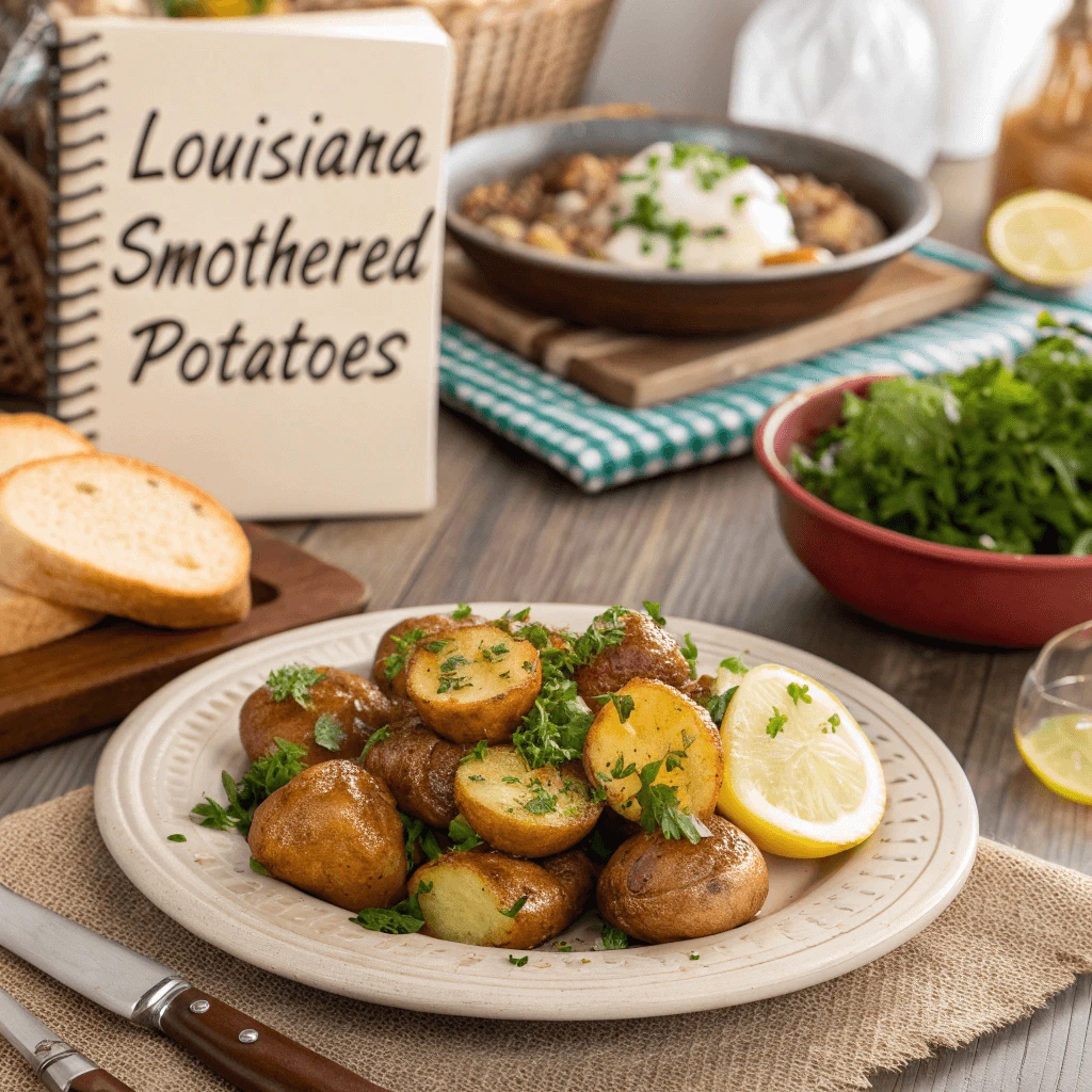 A beautifully plated dish of Louisiana smothered potatoes with garnishes and side dishes, accompanied by a notepad displaying chef tips.