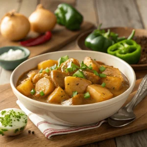 A steaming bowl of Louisiana smothered potatoes with golden potato chunks drenched in rich gravy, garnished with parsley, onions, and green bell peppers on a rustic table in a Cajun kitchen.