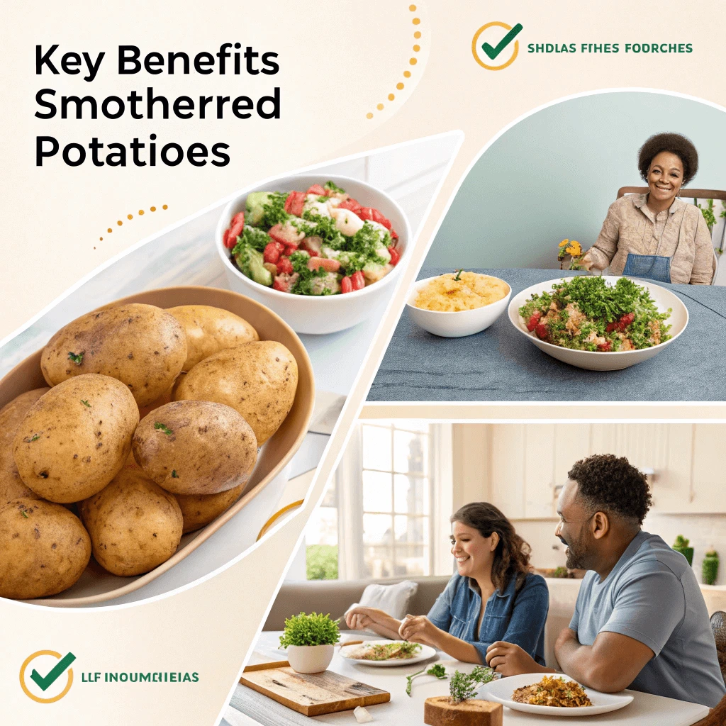 A collage showing nutritious ingredients, a happy family enjoying a meal, and an organized kitchen workspace, all representing the key benefits of Louisiana smothered potatoes.