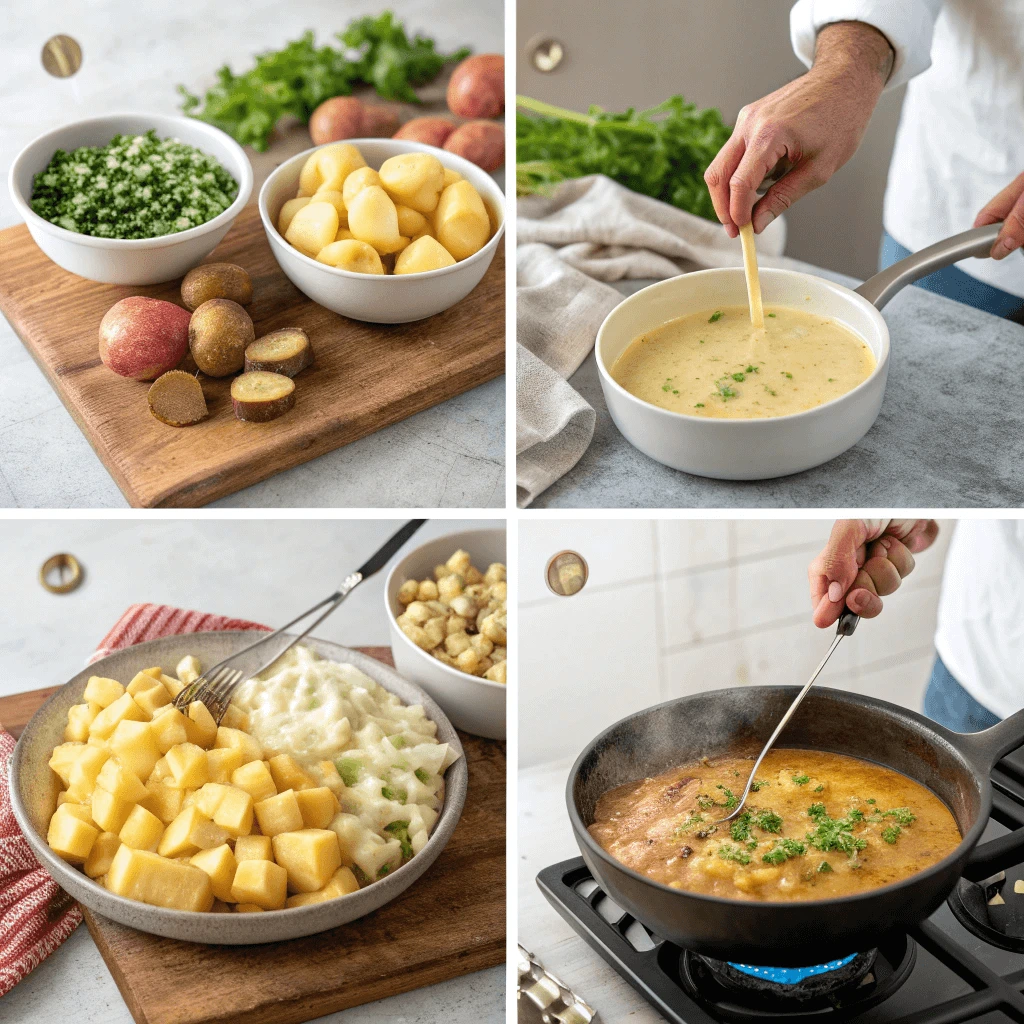 A series of images showing each step of making Louisiana smothered potatoes—from prepping ingredients to simmering in a cast-iron skillet.