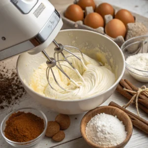 Beating cream cheese and sour cream for the cheesecake filling.