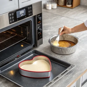 Preheating oven and greasing heart-shaped cake pan.