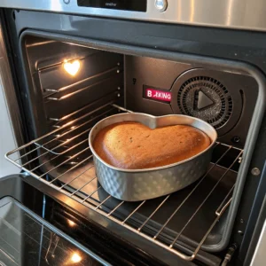 Heart-shaped cake baking in the oven.