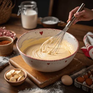 Baker mixing batter in a large bowl.