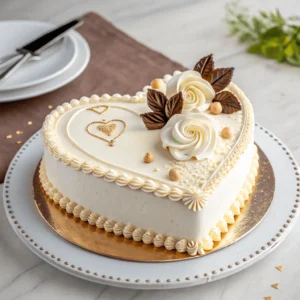 Decorated heart-shaped cake with icing and garnishes.