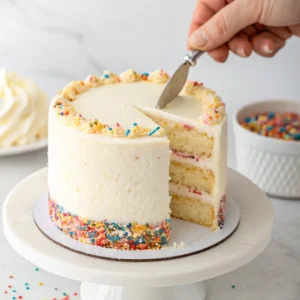 Decorating a 6-inch confetti variation of vanilla cake with buttercream frosting and rainbow sprinkles.