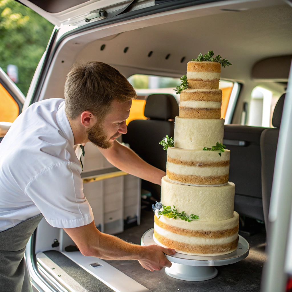 Baker transporting a three-tier naked cake securely in a vehicle