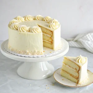 Perfect 6-inch vanilla cake with white buttercream frosting on a cake stand with one slice removed showing moist interior.