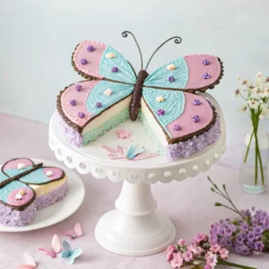 Butterfly-shaped cake with decorated wings and chocolate body on white cake stand