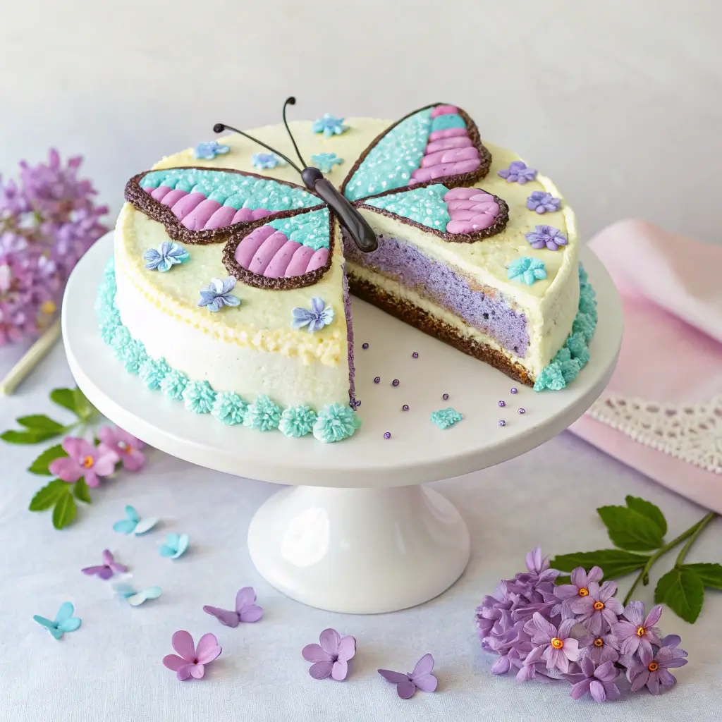 Butterfly-shaped cake with decorated wings and chocolate body on white cake stand