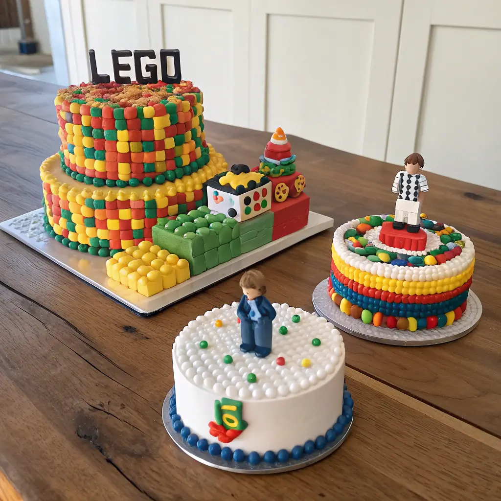 Various creative Lego-themed cake designs for birthdays