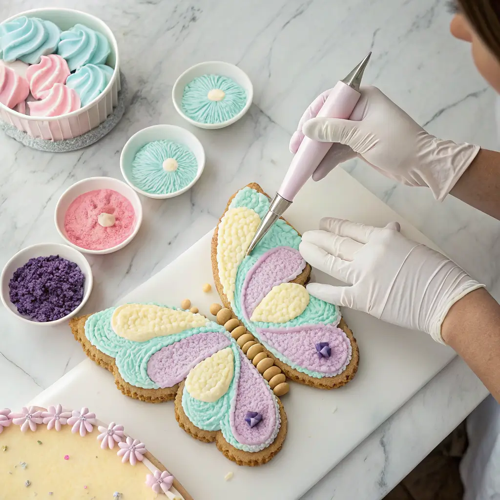 Hands decorating butterfly cake wings with colorful buttercream