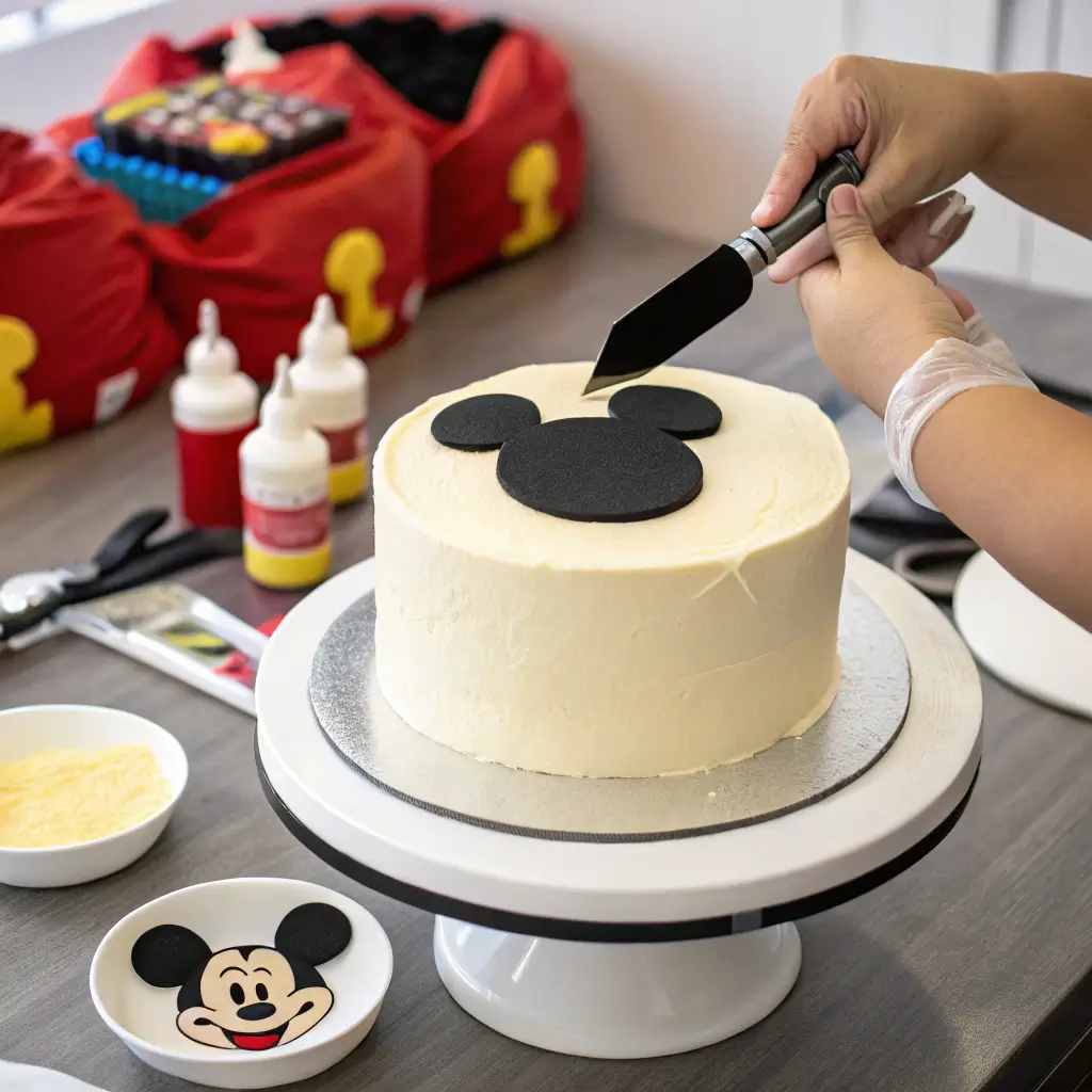 Decorating a Mickey Mouse cake with vanilla buttercream frosting