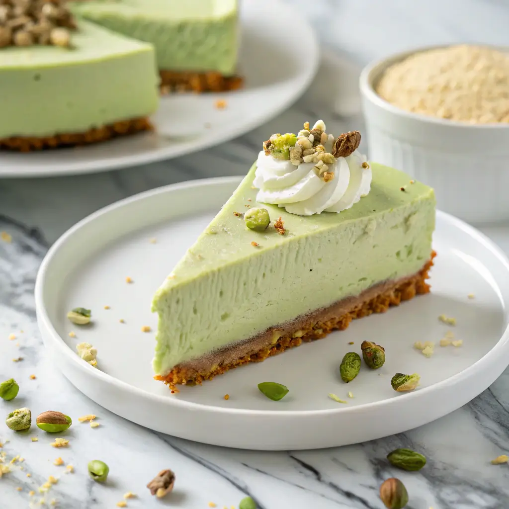 Slice of creamy pistachio cheesecake with graham cracker crust topped with chopped pistachios