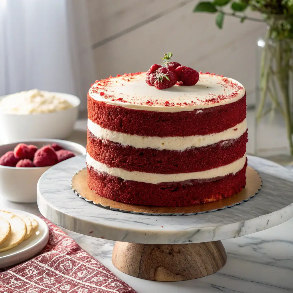 Vibrant red velvet naked cake with cream cheese frosting