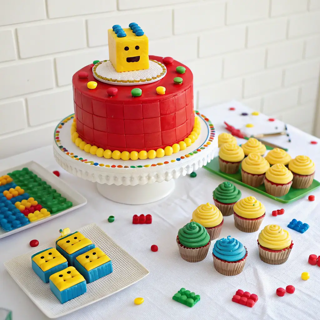 Lego-themed dessert table with cake and matching treats