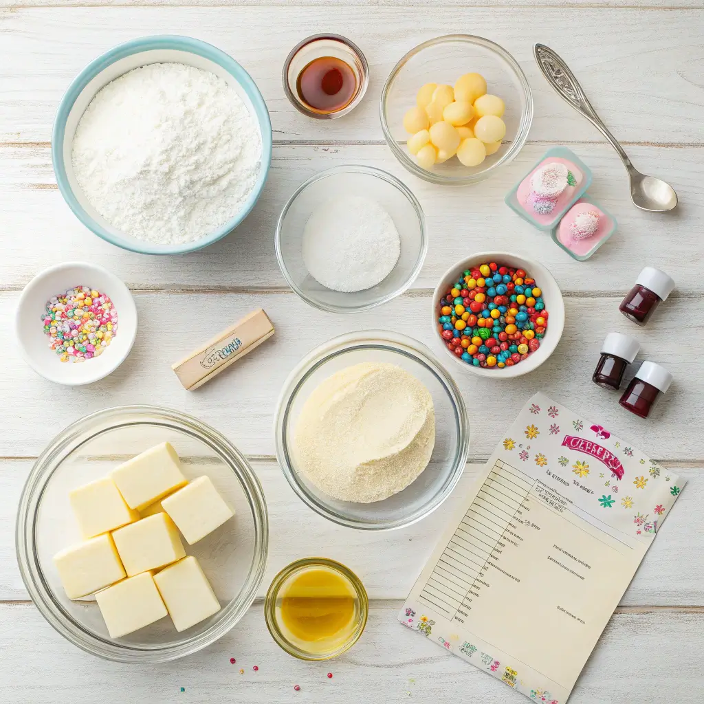 Ingredients for butterfly cake recipe arranged on wooden surface