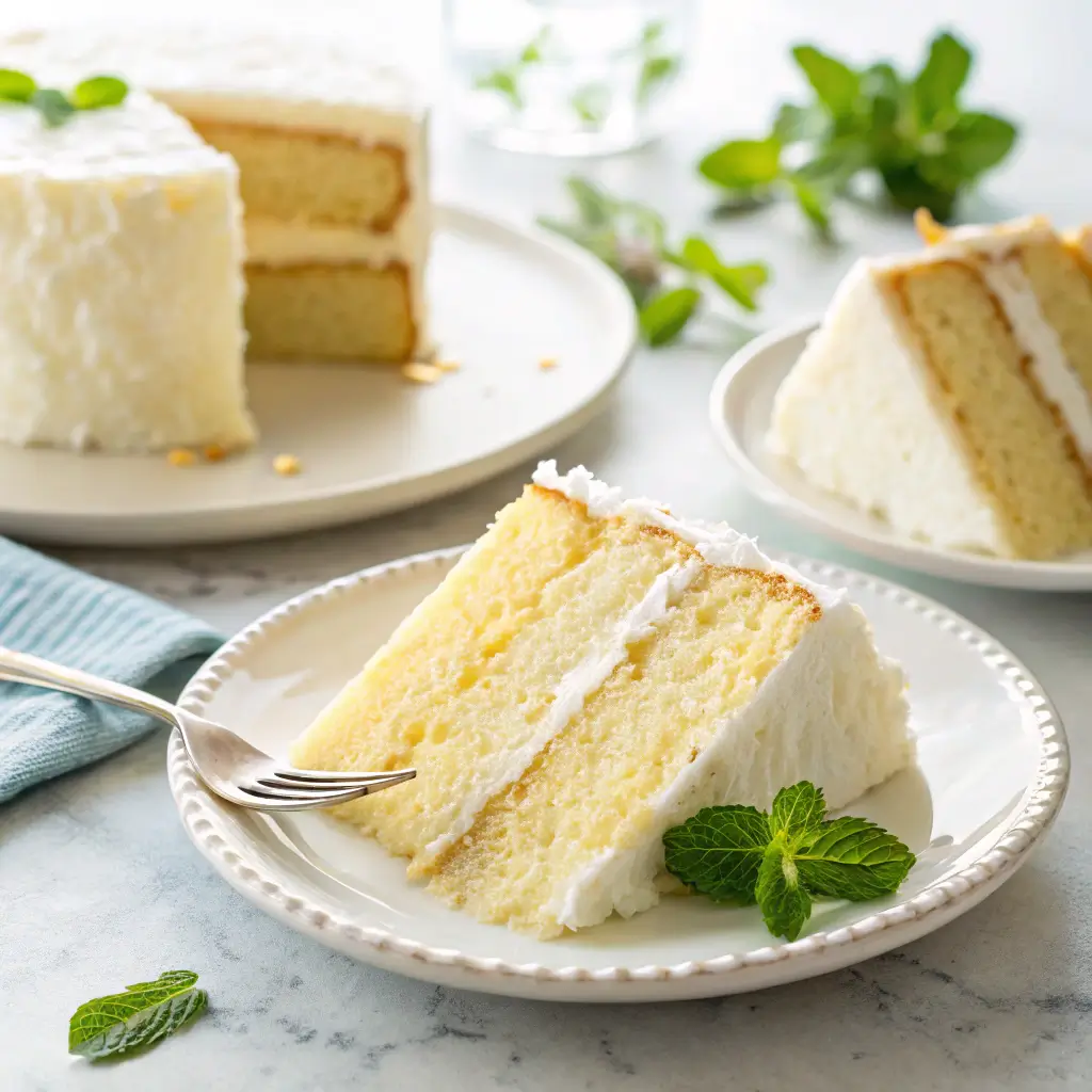 Close-up of moist sugar-free vanilla cake slices on white plates