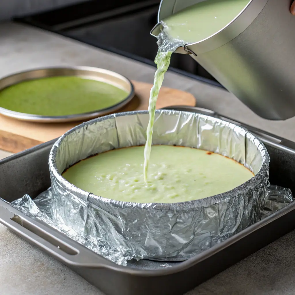 Preparing pistachio cheesecake for baking in water bath with foil-wrapped springform pan