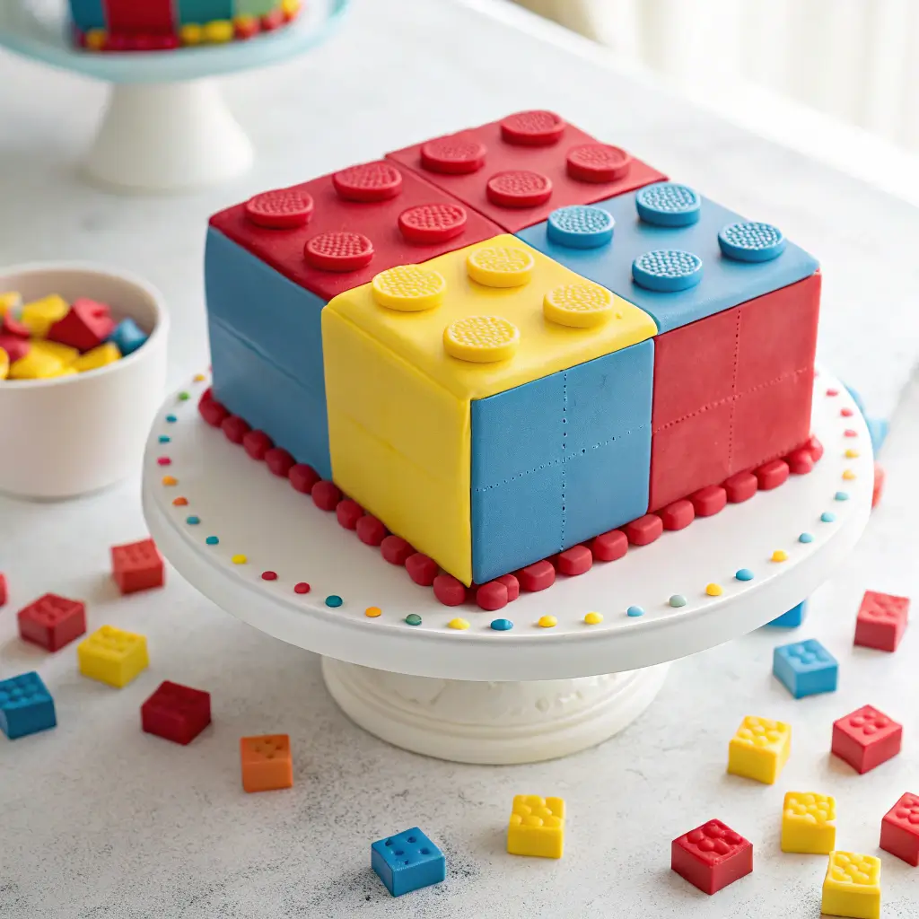Fondant-covered Lego brick birthday cake with colorful studs