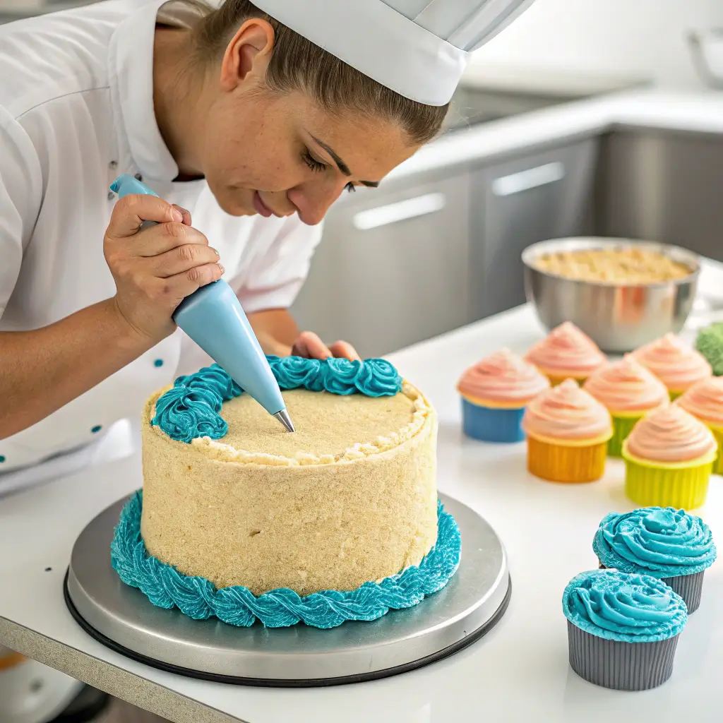 Final decorating touches being added to a character cake