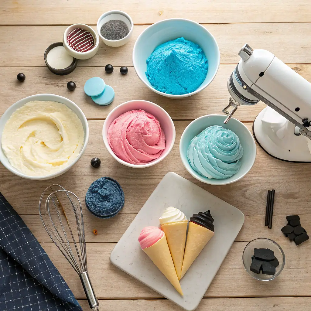 Cake ingredients and tools organized for themed decorating