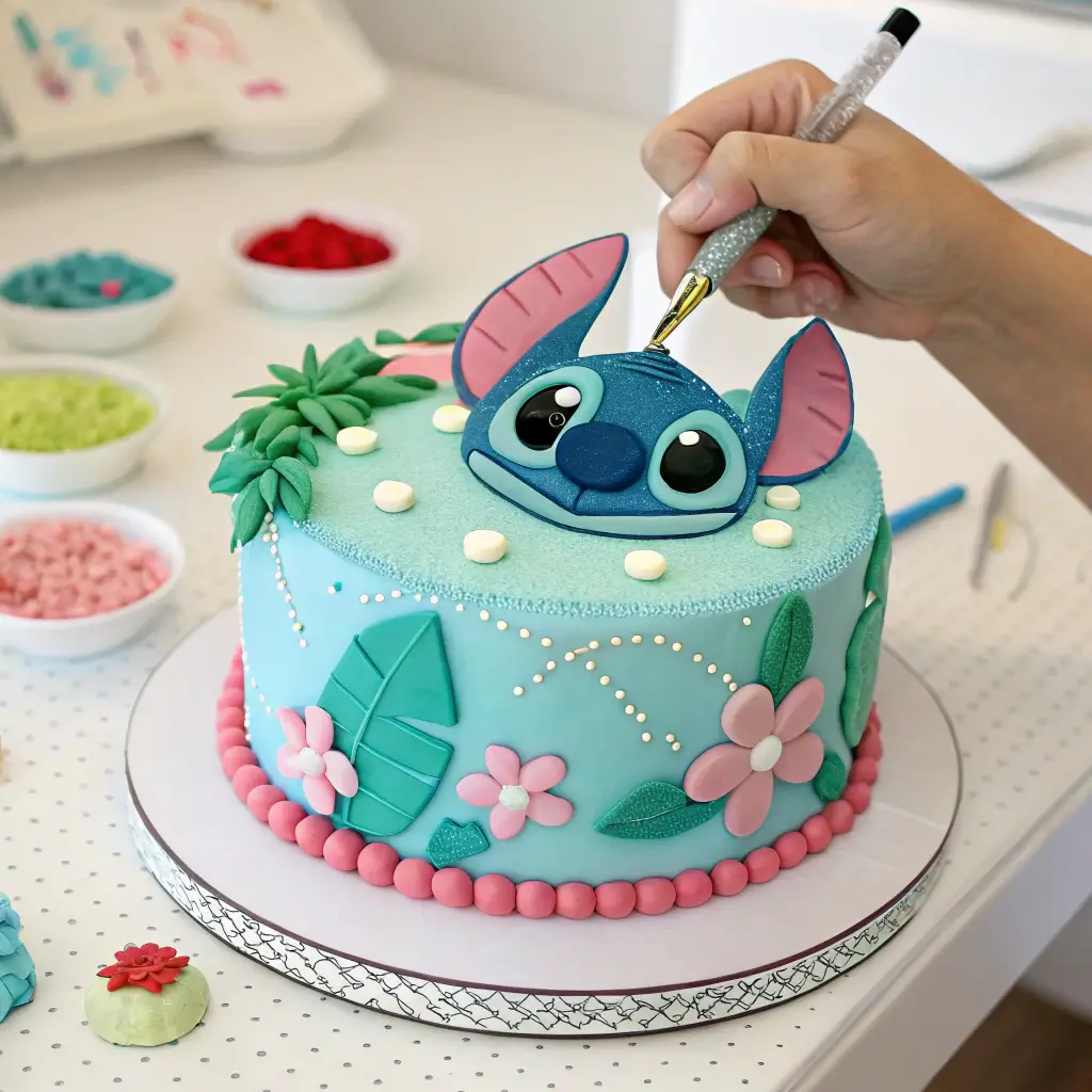 Decorator piping colored buttercream onto a themed cake base
