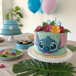 Stitch-themed birthday cake centerpiece surrounded by tropical party decorations