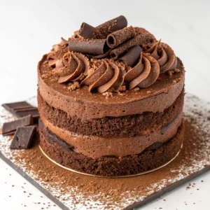 Rich chocolate naked cake with ganache and chocolate curls