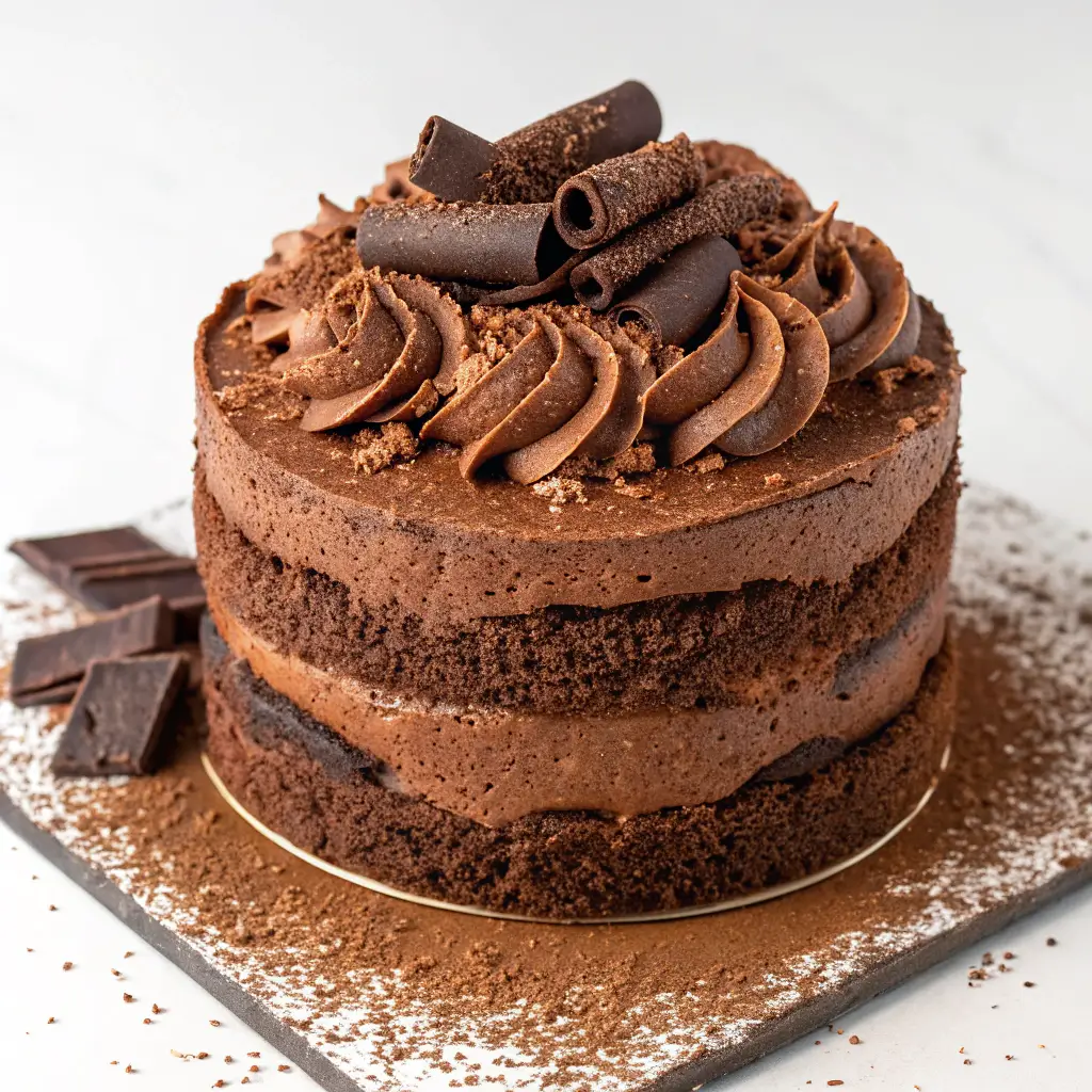 Rich chocolate naked cake with ganache and chocolate curls