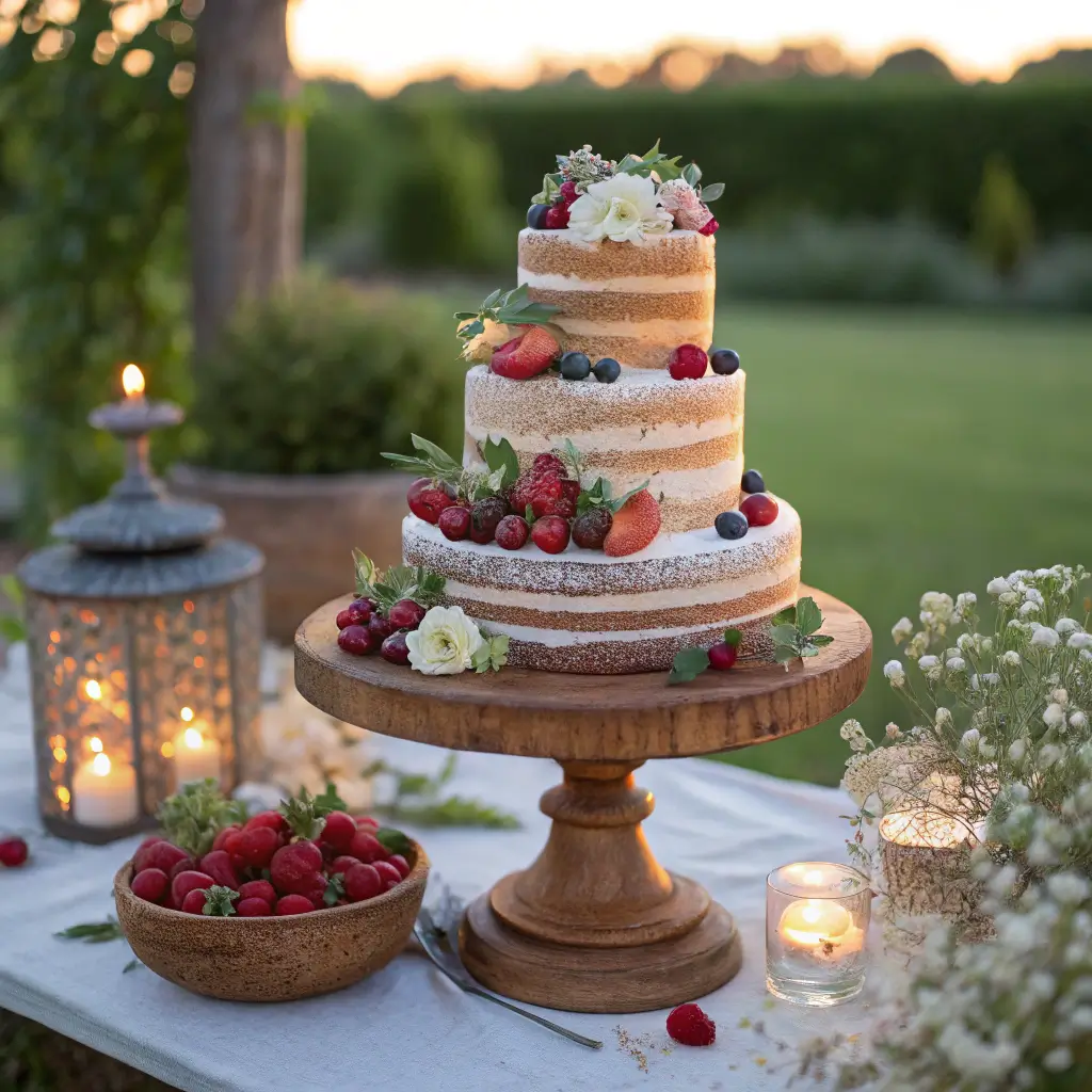 Elegant rustic naked wedding cake with berries and flowers in a garden setting