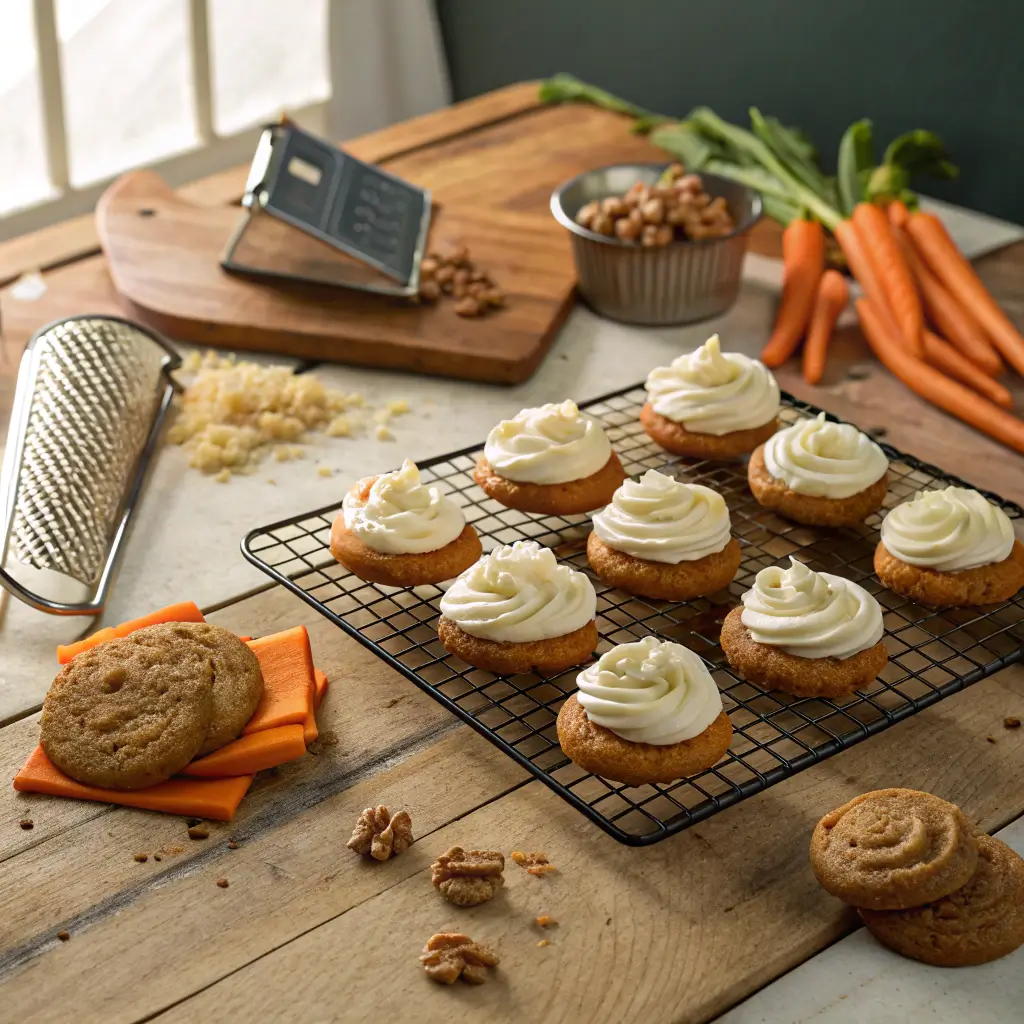 Cooling rack of homemade carrot cake cookies with cream cheese frosting on rustic wooden table