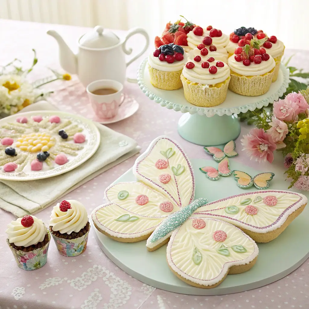 Three butterfly cake variations displayed at garden party table