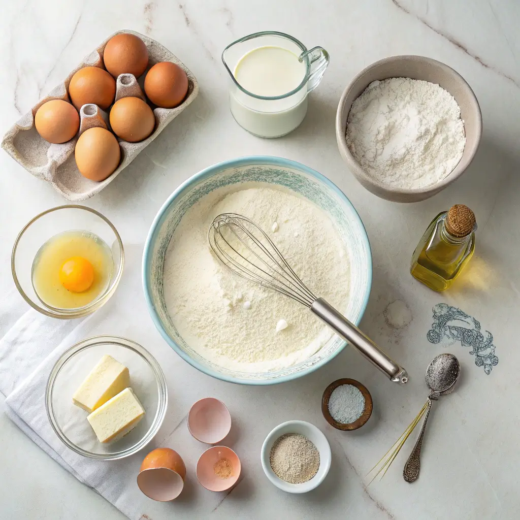 Ingredients for sugar-free cake recipe arranged around mixing bowl