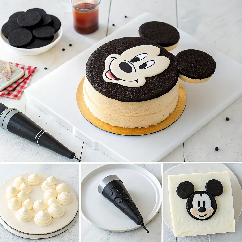 Step-by-step Mickey Mouse cake assembly process