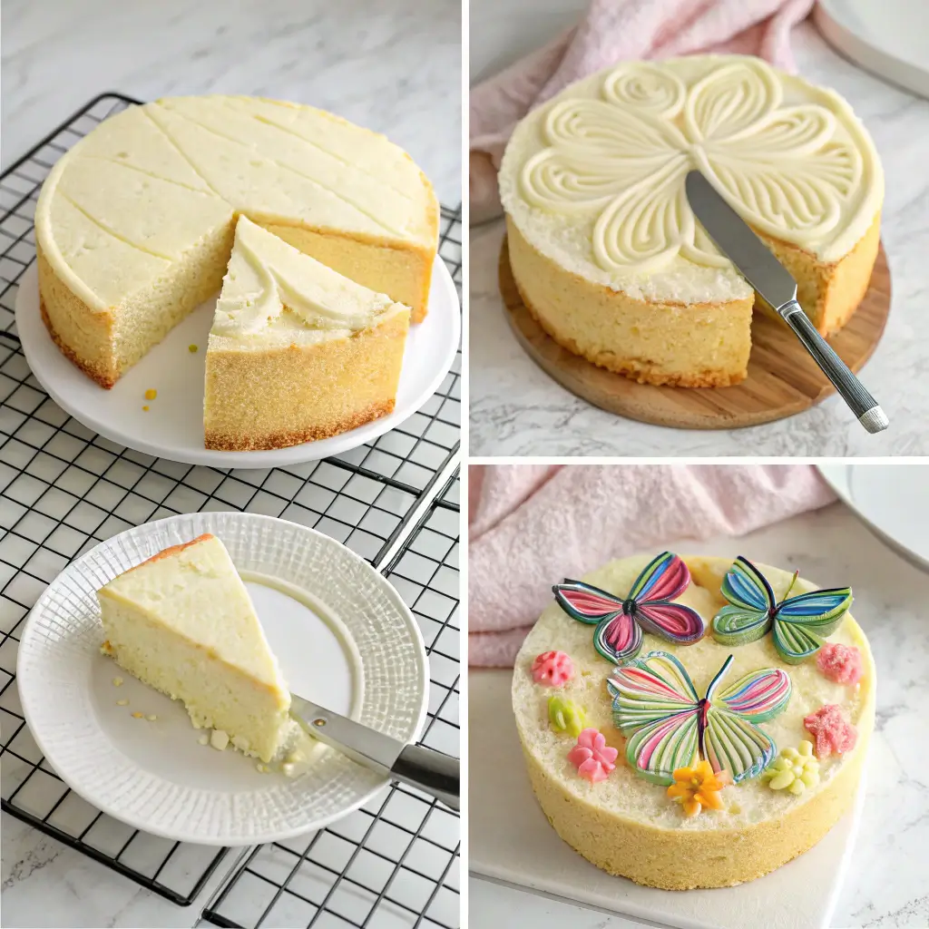 Step-by-step butterfly cake creation process from baking to decoration