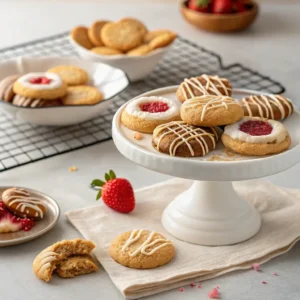 Various styles of strawberry cheesecake cookies on display