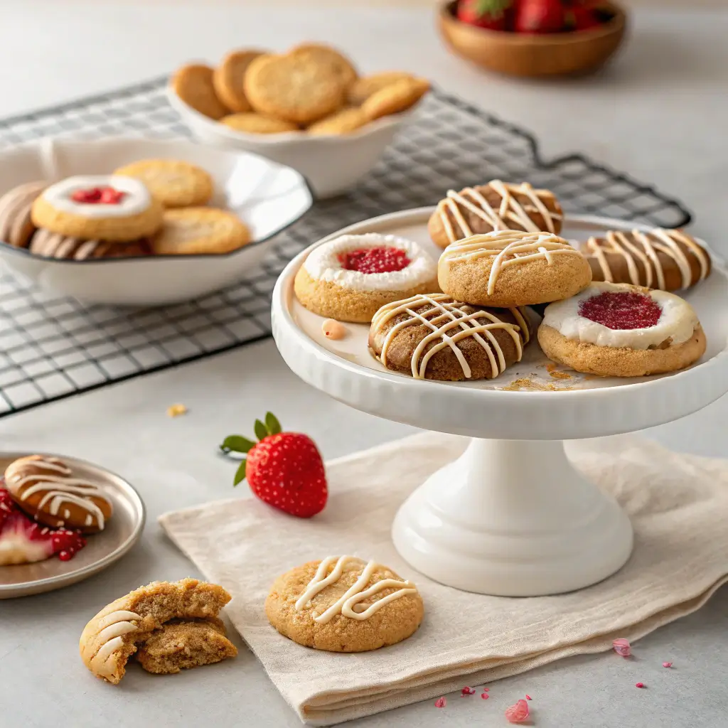 Various styles of strawberry cheesecake cookies on display