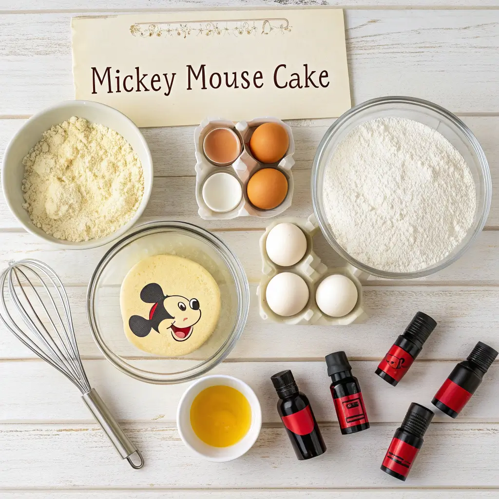 Ingredients and equipment for baking a Mickey Mouse cake