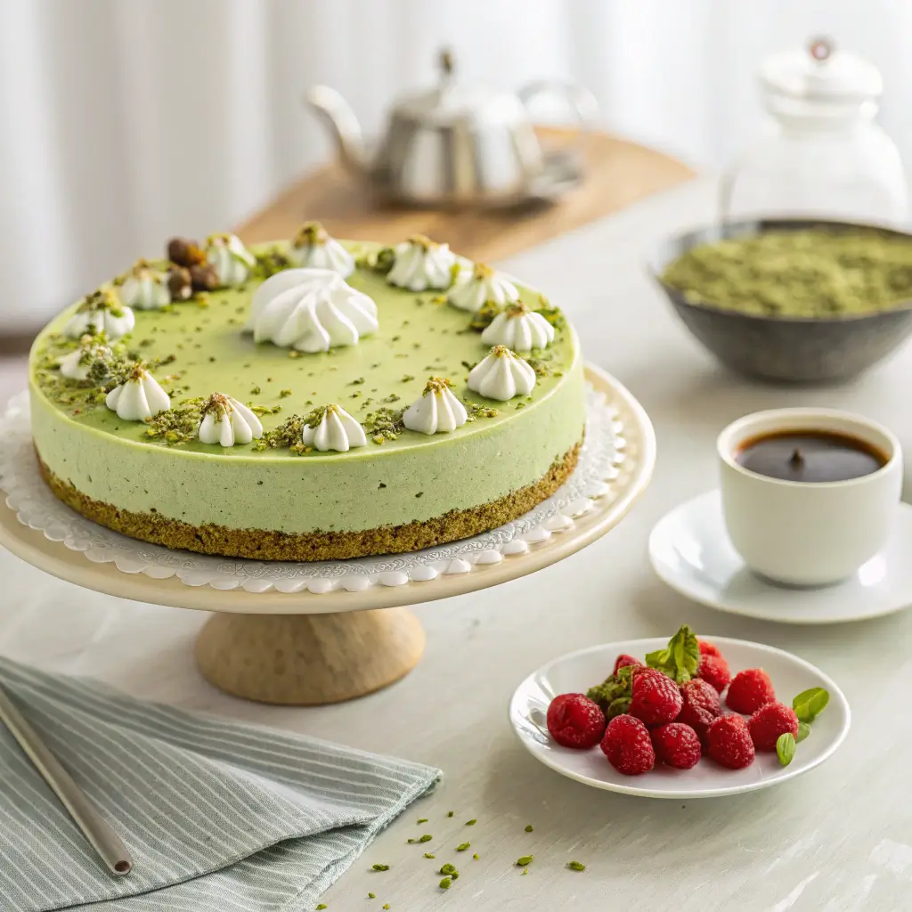 Whole pistachio cheesecake on cake stand with served slice, espresso, and raspberries