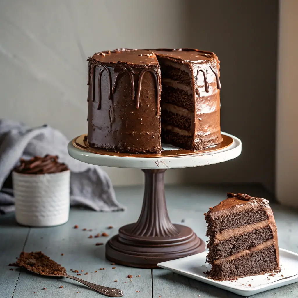 Matilda chocolate cake with glossy fudge frosting on cake stand