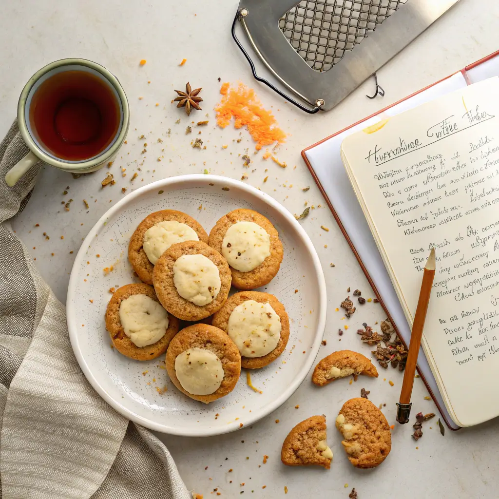 Plate of carrot cookies with a cup of tea and handwritten baking notes