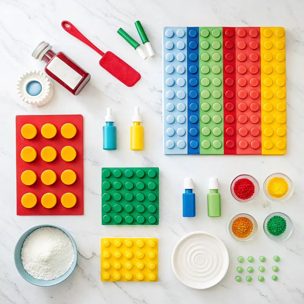 Baking ingredients and tools for Lego cake decoration
