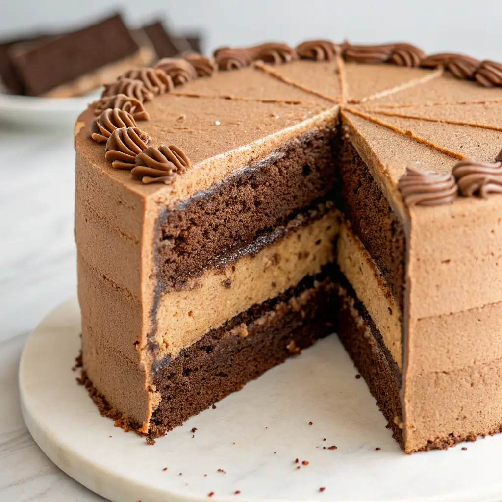 Cross-section of moist 6-inch chocolate cake layers