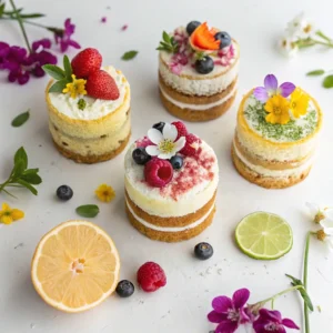 Mini naked cakes with unique flavor combinations and edible decorations