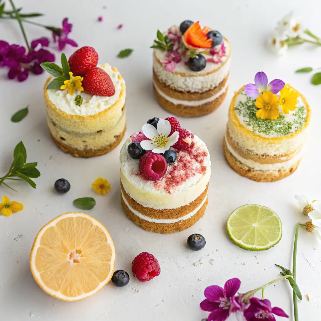 Mini naked cakes with unique flavor combinations and edible decorations