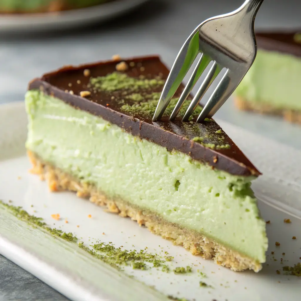 Fork cutting through creamy texture of pistachio cheesecake slice