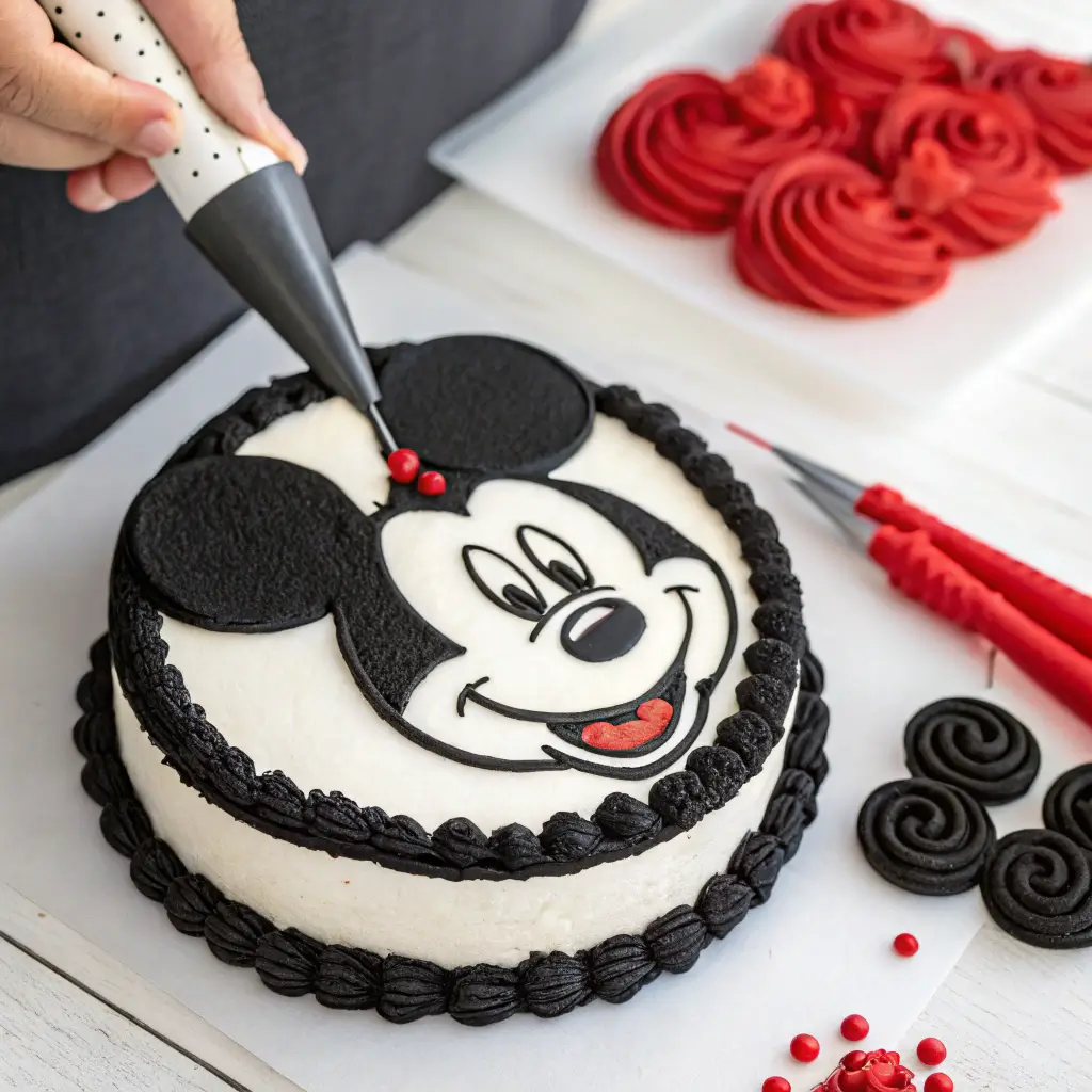 Piping Mickey Mouse's facial features with buttercream frosting