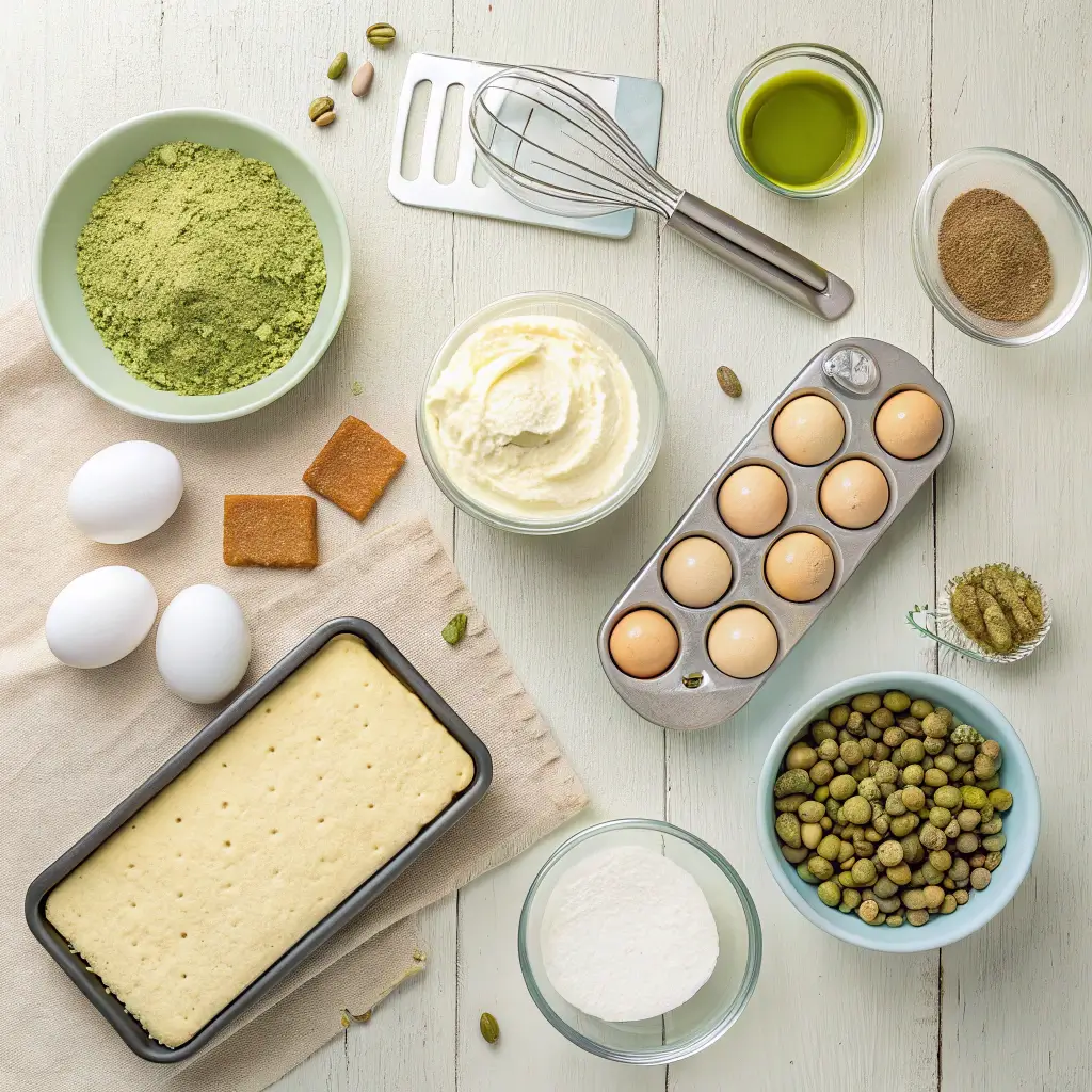 Ingredients for pistachio cheesecake recipe including cream cheese, pistachio paste, and graham crackers
