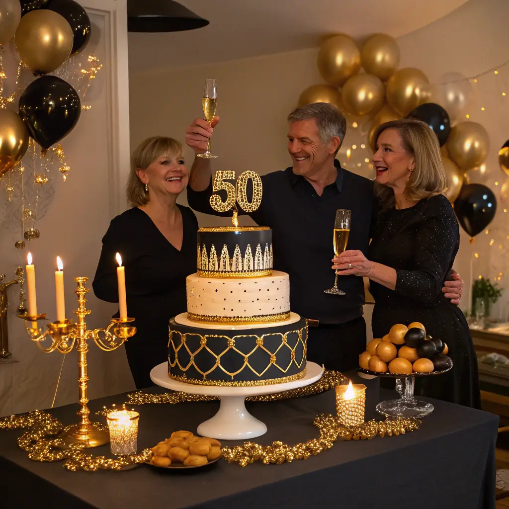 50th birthday celebration with cake at the center of a festive table gathering